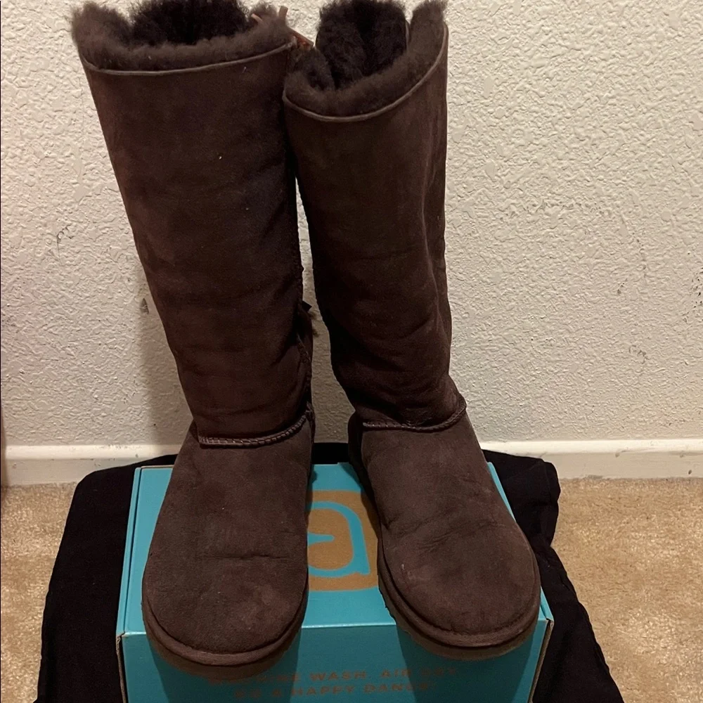 UGG Chocolate Suede Boots with Ribbon Accents - Picture 2 of 3